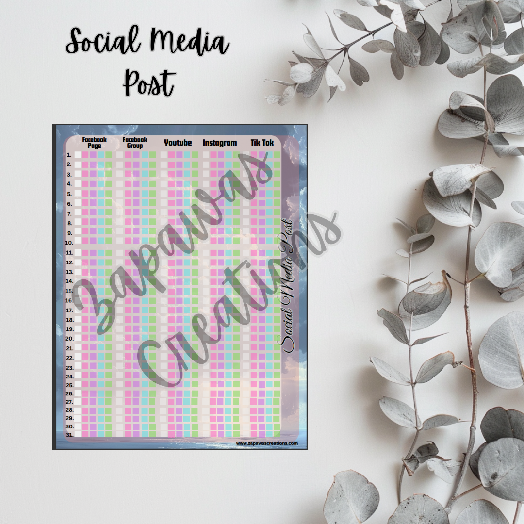Social Media Post Tracker PDF | Rain Clouds Theme | Digital Download | Tracker | Printable