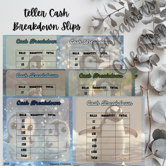 Cash Breakdown Teller Slip | Penguin Theme Digital Download | Cash Budget Slips | Set of 6