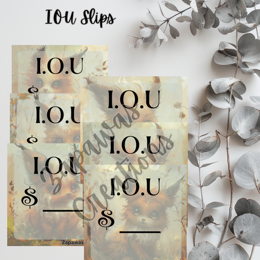 I.O.U Budgeting Slip | Woodland Creature Theme | Digital Download | Cash Budget Slips | Set of 6