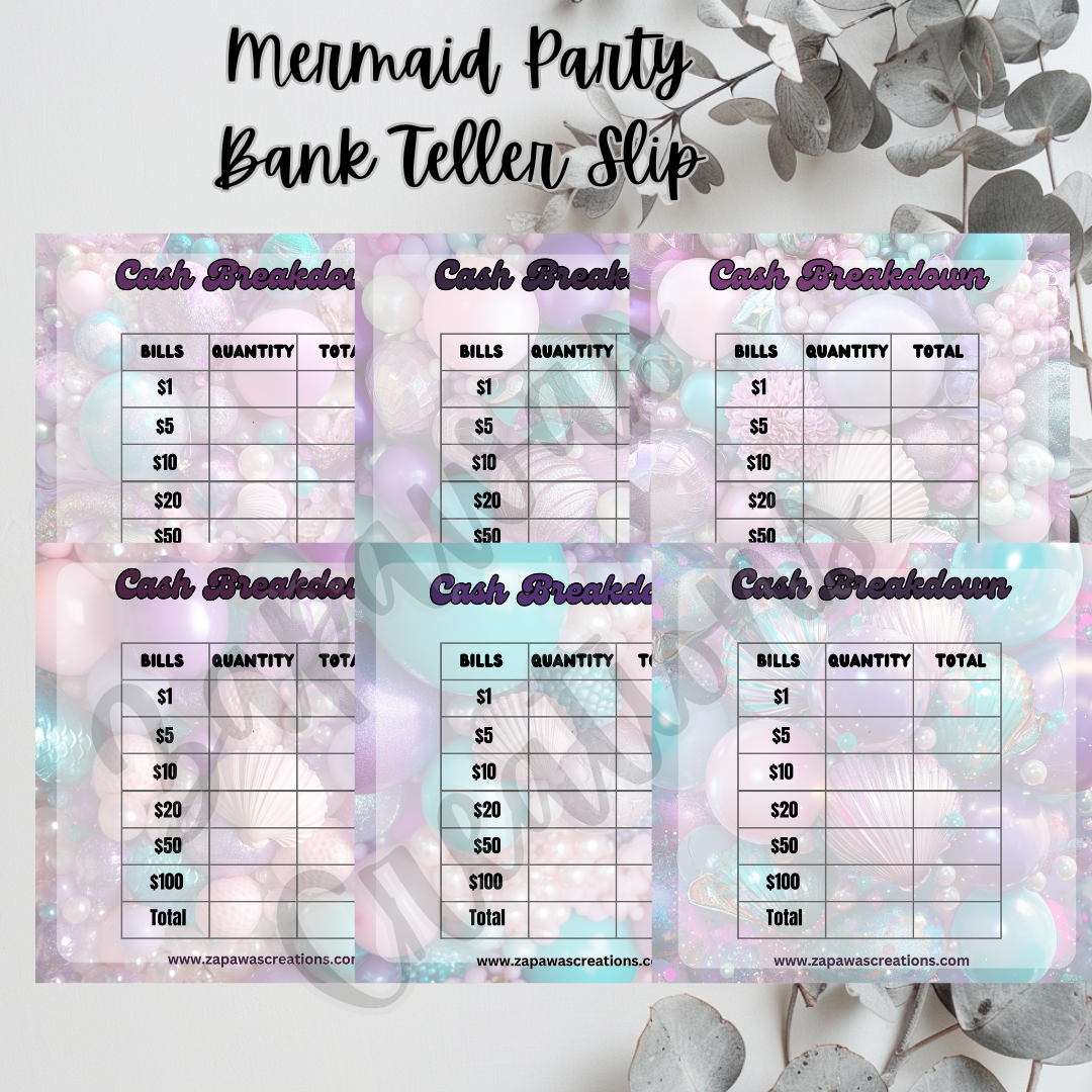 Mermaid Party Cash Breakdown Teller Slip | Digital Download | Cash Budget Slips | Set of 6