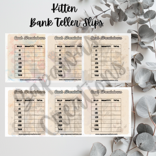 Kitten Watercolor Cash Breakdown Teller Slip | Digital Download | Cash Budget Slips | Set of 6