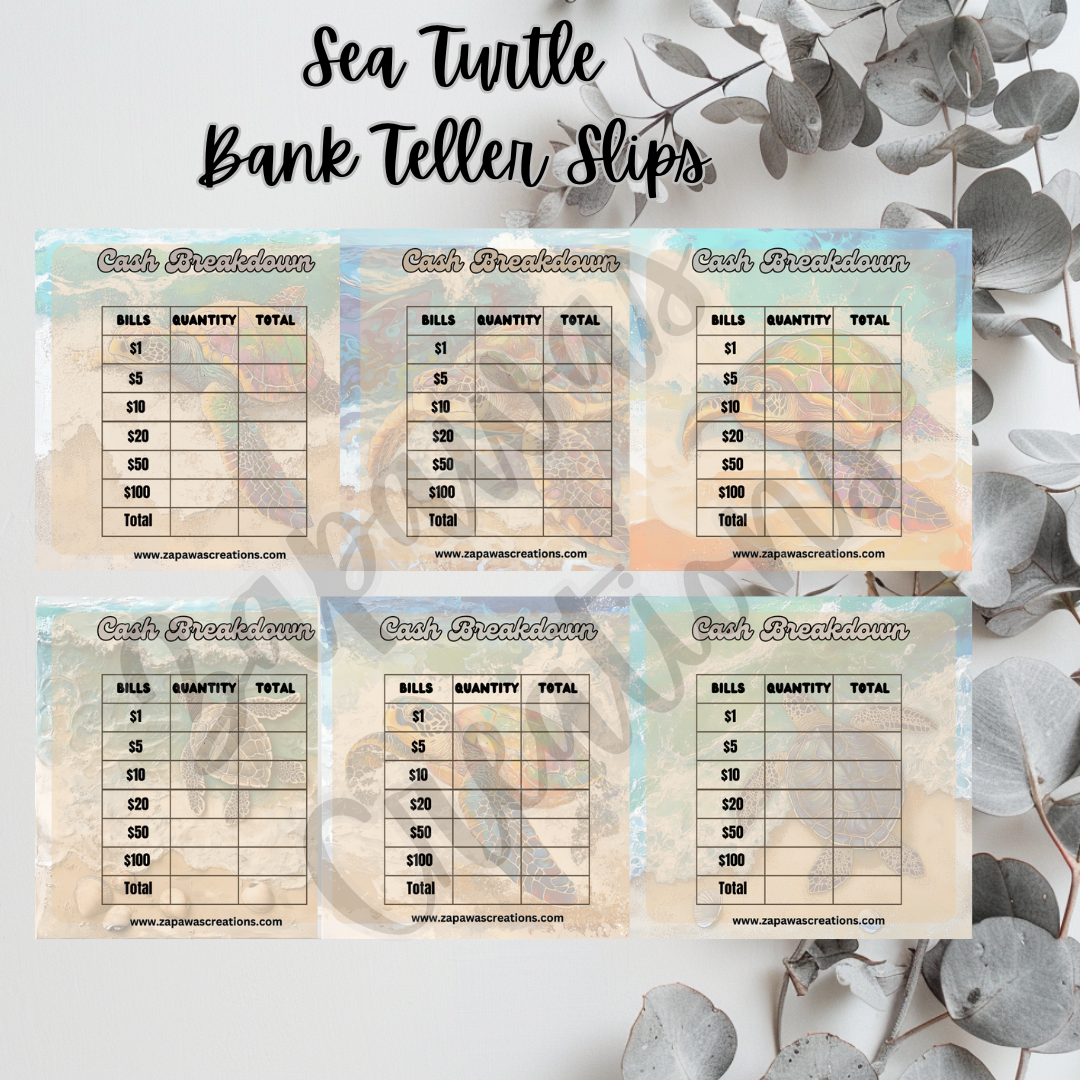 Sea Turtle Cash Breakdown Teller Slip | Digital Download | Cash Budget Slips | Set of 6