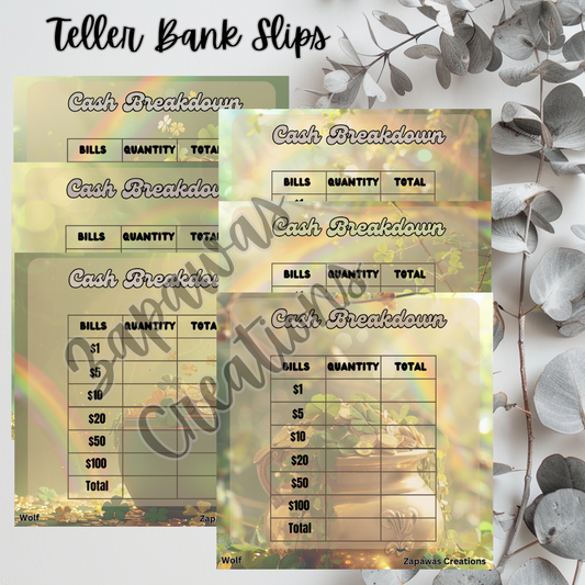 Cash Breakdown Teller Slip | St Patrick's Day Theme Digital Download | Cash Budget Slips | Set of 6