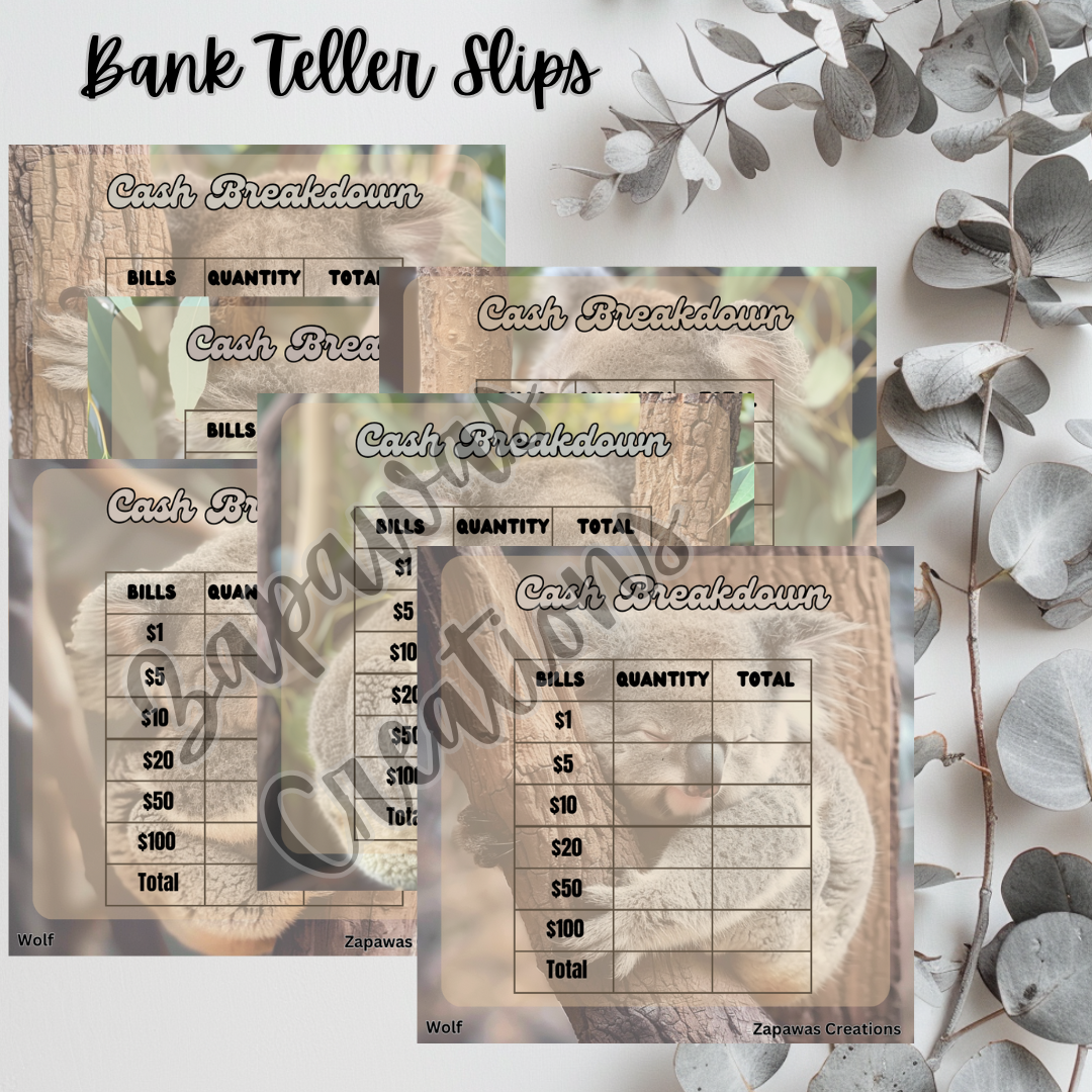 Cash Breakdown Teller Slip | Koala Theme Digital Download | Cash Budget Slips | Set of 6