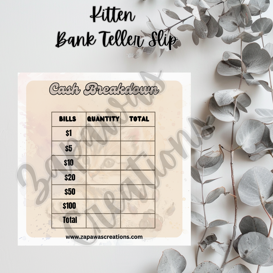 Kitten Watercolor SINGLE Cash Breakdown Slip | Digital Download | Cash Budget Slip