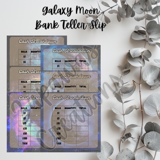 Galaxy Moon Cash Breakdown Teller Slip | Digital Download | Cash Budget Slips | Set of 6