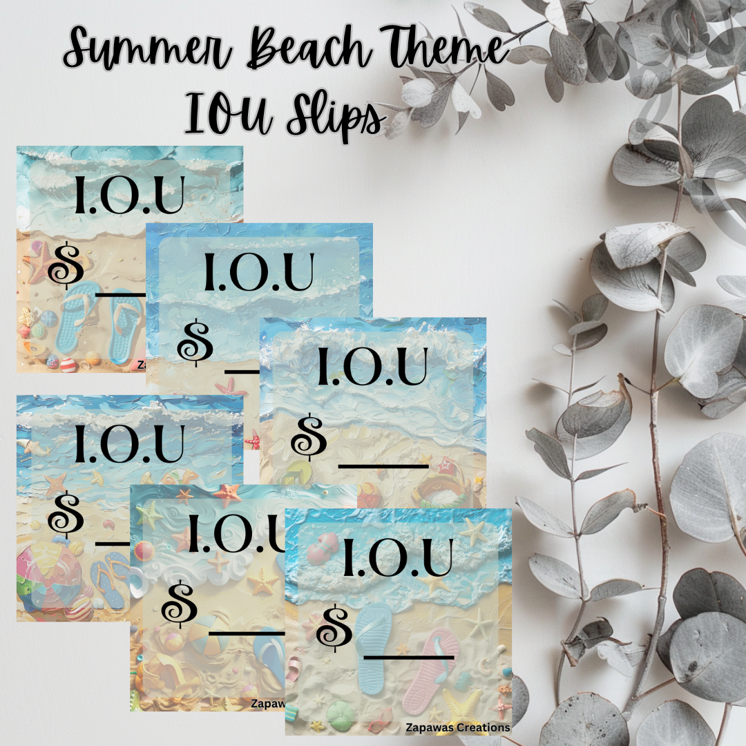 Summer Beach I.O.U Budgeting Slip | Digital Download | Cash Budget Slips | Set of 6