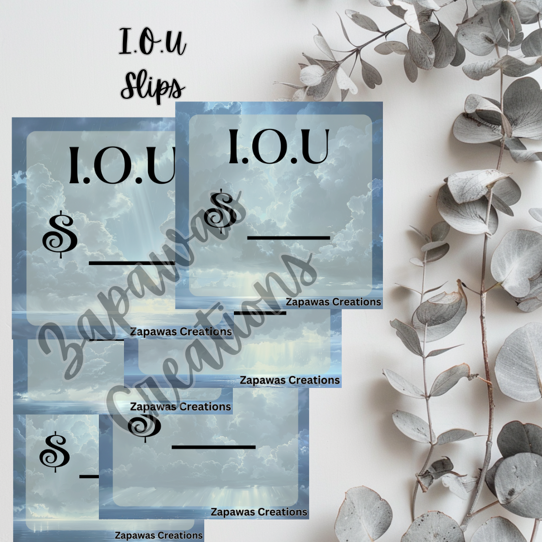 I.O.U Budgeting Slip | Rain Cloud Theme | Digital Download | Cash Budget Slips | Set of 6