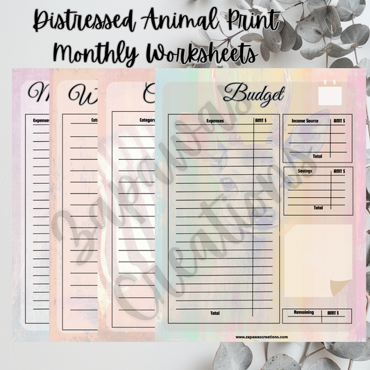 Monthly Budget Cash Saving PDF Bundle | Distressed Animal Print Theme | Digital Download | Tracker | Printable