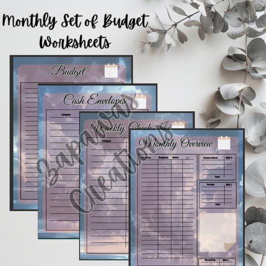 Monthly Budget Cash Saving PDF Bundle |Rain Cloud Theme | Digital Download | Tracker | Printable