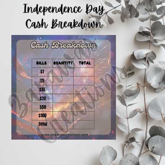 Independence Day Breakdown Teller Slip | Digital Download | Cash Budget Slip