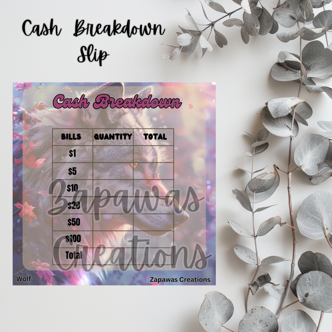 Cash Breakdown Teller Slip | Wolf Theme Digital Download | Cash Budget Slips | Set of 6