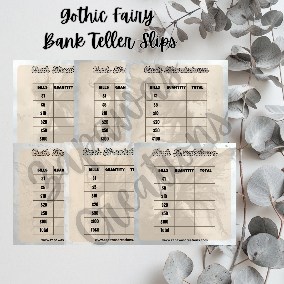 Gothic Fairy Cash Breakdown Teller Slip | Digital Download | Cash Budget Slips | Set of 6