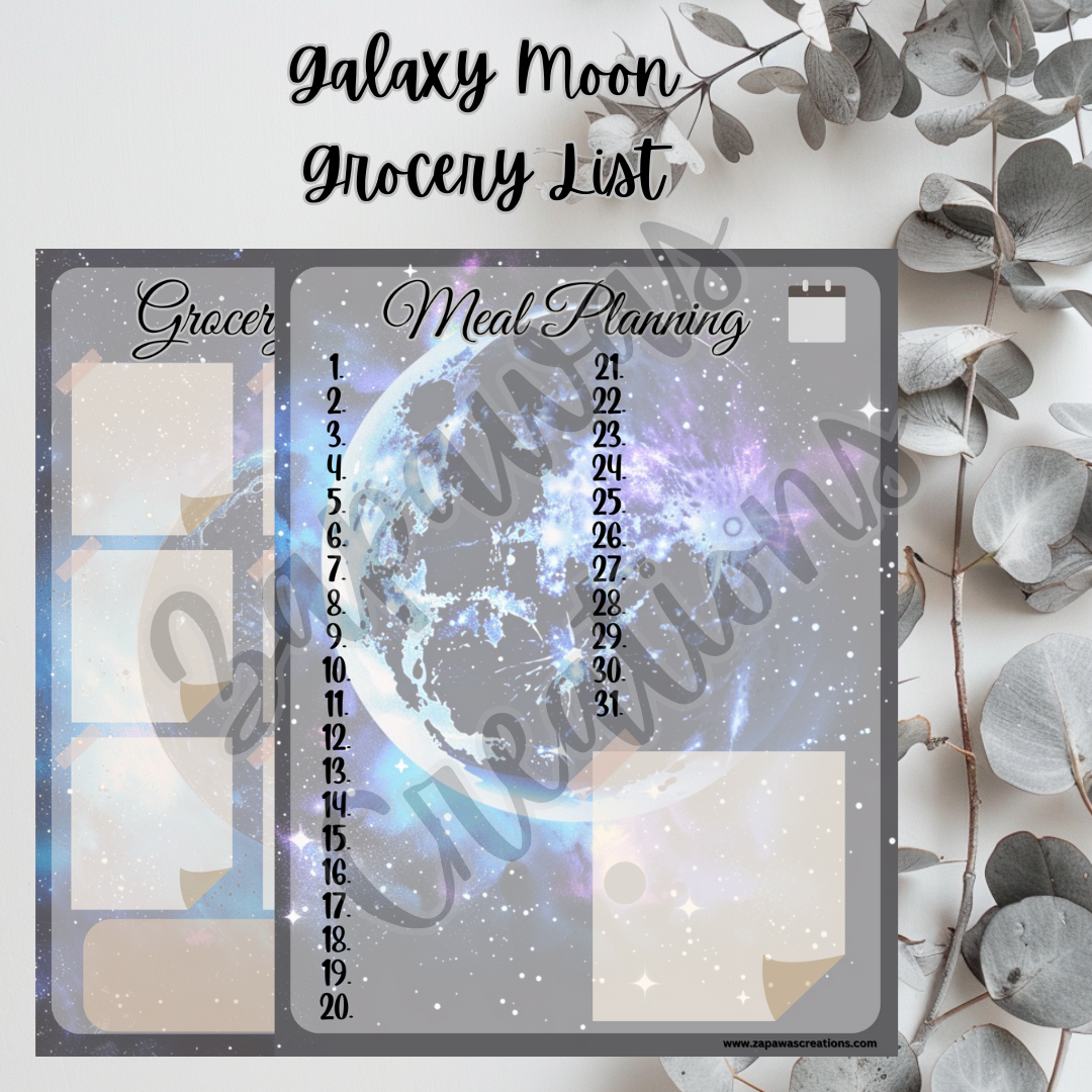 Grocery Worksheet PDF Bundle | Galaxy Moon Themed | Digital Download | Tracker | Printable