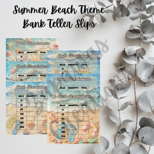 Summer Beach Cash Breakdown Teller Slip | Digital Download | Cash Budget Slips | Set of 6