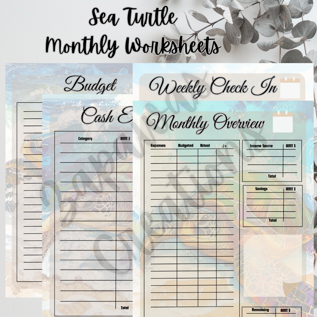 Monthly Budget Cash Saving PDF Bundle | Sea Turtle Theme | Digital Download | Tracker | Printable