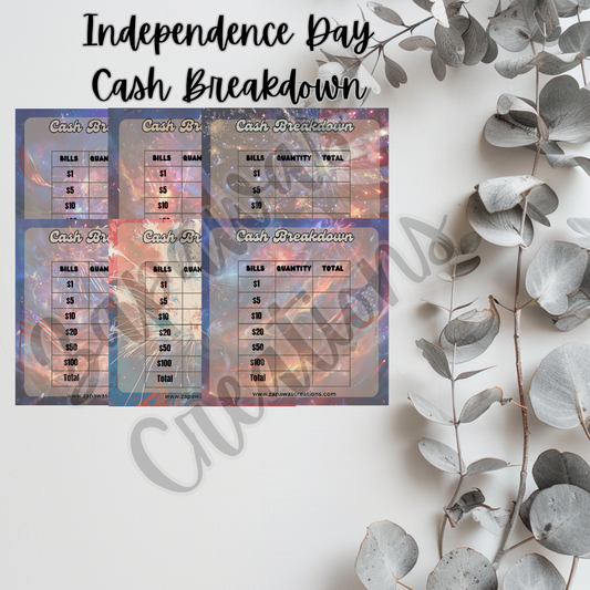 Independence Day Cash Breakdown Teller Slip | Digital Download | Cash Budget Slips | Set of 6