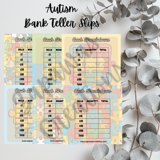 Autism Awareness Cash Breakdown Teller Slip | Digital Download | Cash Budget Slips | Set of 6