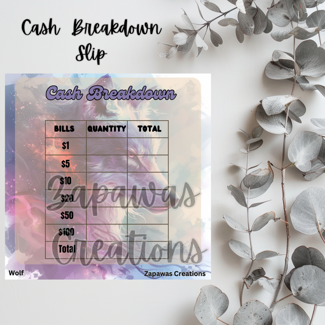 Cash Breakdown Teller Slip | Wolf Theme Digital Download | Cash Budget Slips | Set of 6