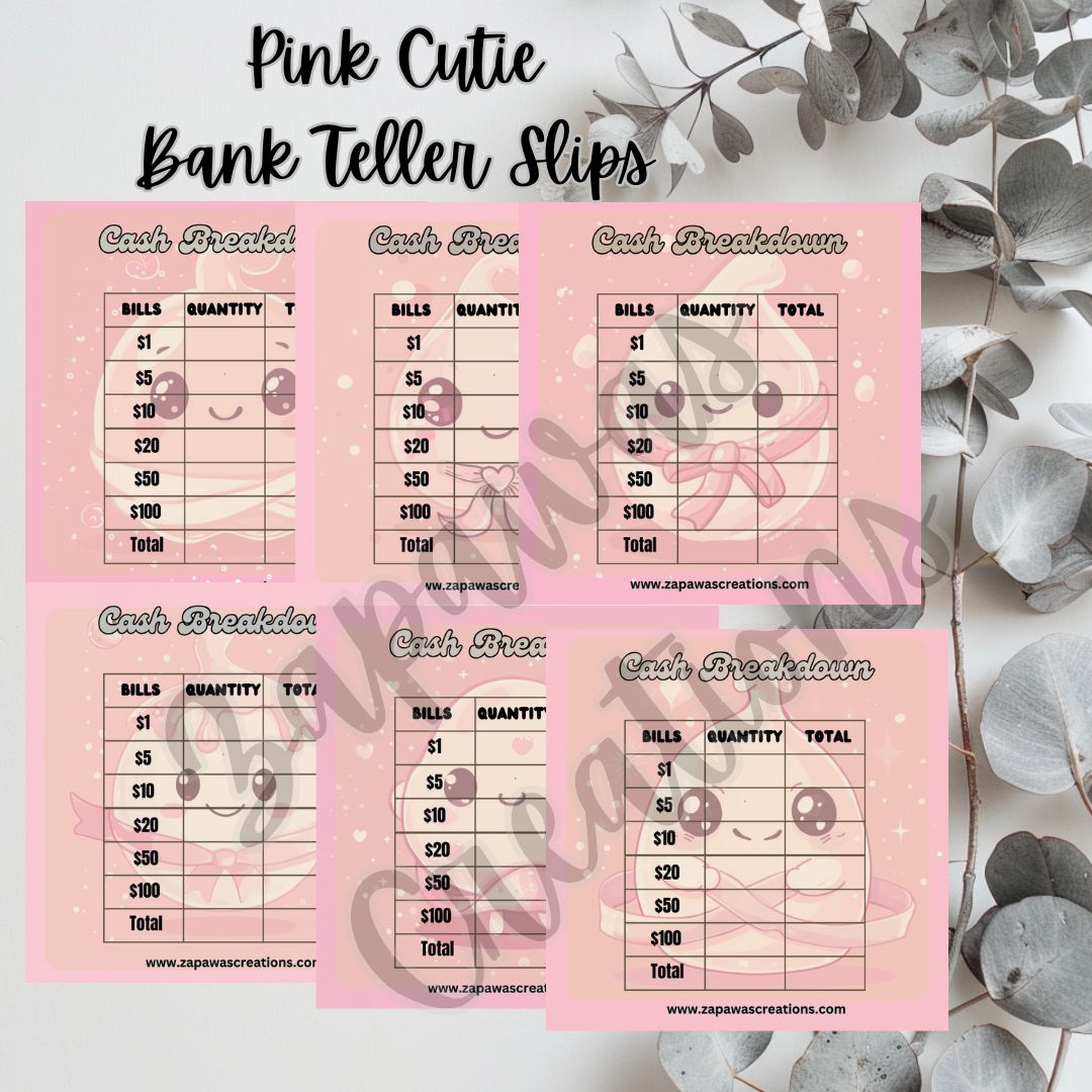 Pink Cutie Cash Breakdown Teller Slip | Digital Download | Cash Budget Slips | Set of 6