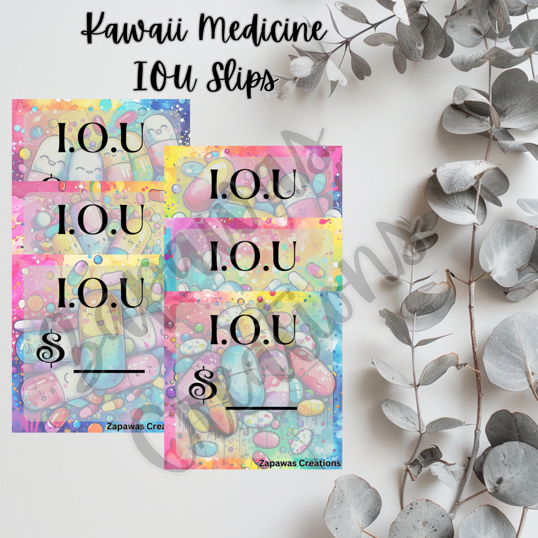 Kawaii Medicine  I.O.U Budgeting Slip | Digital Download | Cash Budget Slips | Set of 6