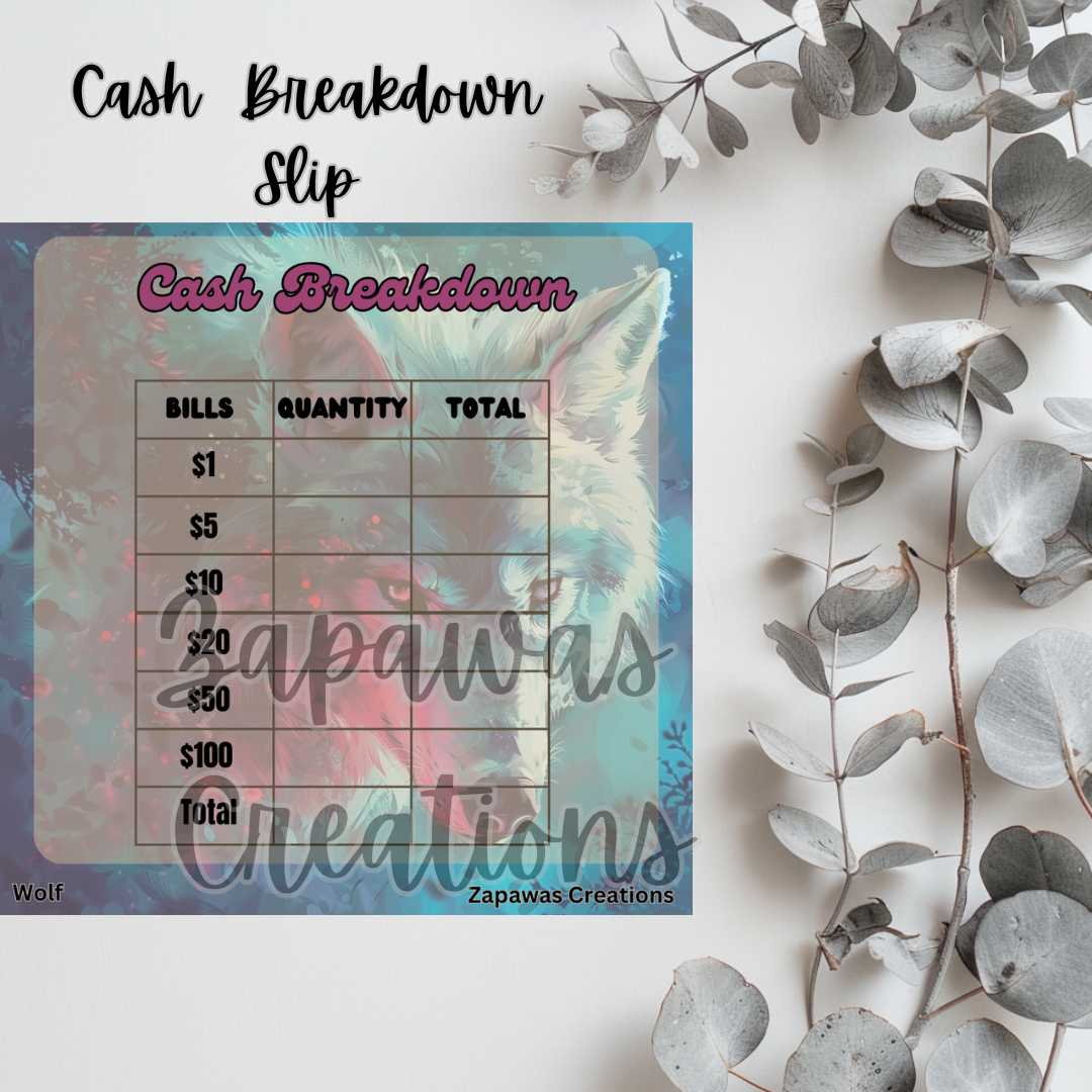 Cash Breakdown Teller Slip | Wolf Theme Digital Download | Cash Budget Slips | Set of 6