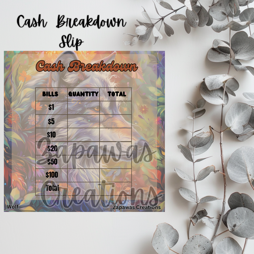 Cash Breakdown Teller Slip | Wolf Theme Digital Download | Cash Budget Slips | Set of 6