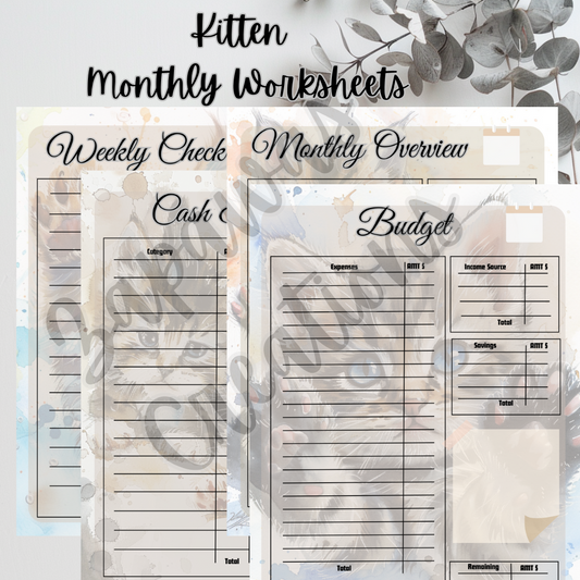 Monthly Budget Cash Saving PDF Bundle | Kitten Watercolor Theme | Digital Download | Tracker | Printable