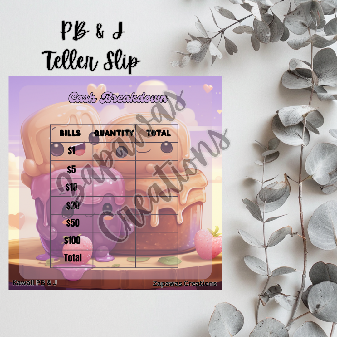 Kawaii PB & J Cash Breakdown Teller Slip | Digital Download | Cash Budget Slip