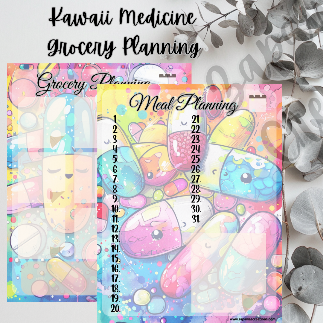 Kawaii Medicine Grocery Worksheet PDF Bundle | Digital Download | Tracker | Printable