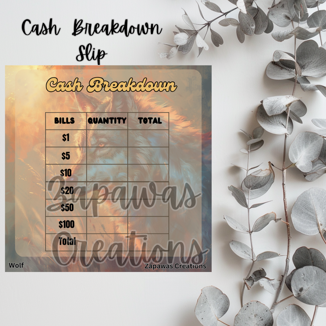 Cash Breakdown Teller Slip | Wolf Theme Digital Download | Cash Budget Slips | Set of 6