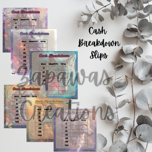 Cash Breakdown Teller Slip | Wolf Theme Digital Download | Cash Budget Slips | Set of 6