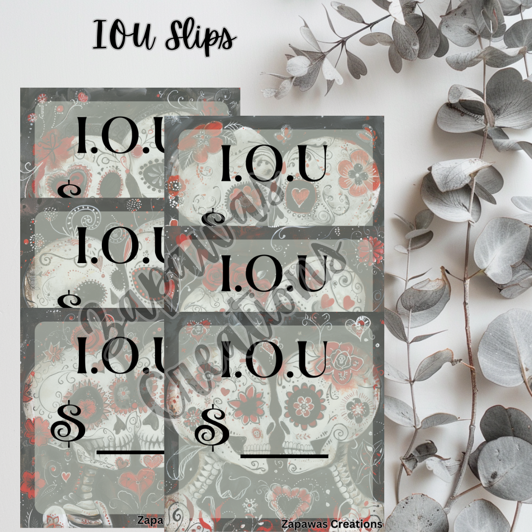 I.O.U Budgeting Slip | Love Sugar Skulls Theme | Digital Download | Cash Budget Slips | Set of 6