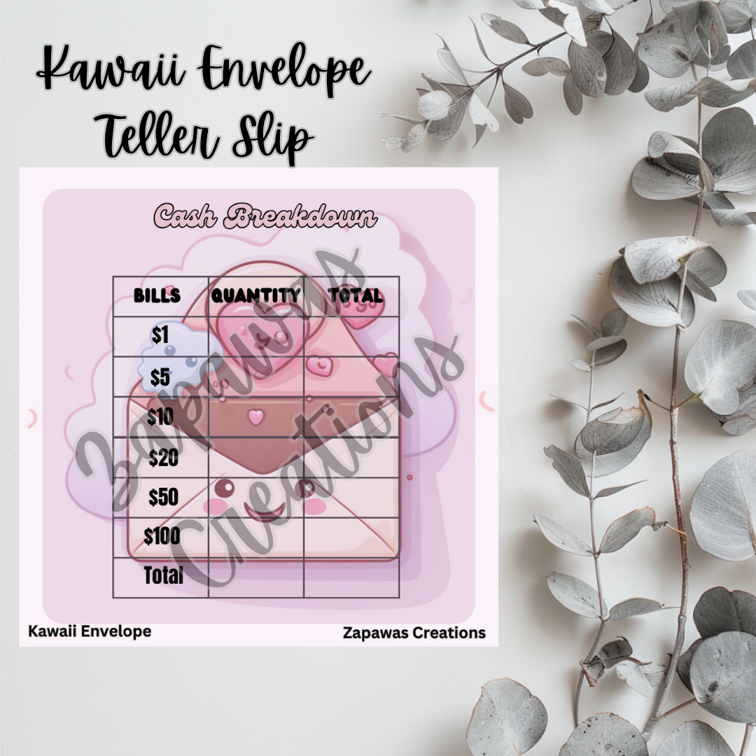 Kawaii Envelope Cash Breakdown Teller Slip | Digital Download | Cash Budget Slip