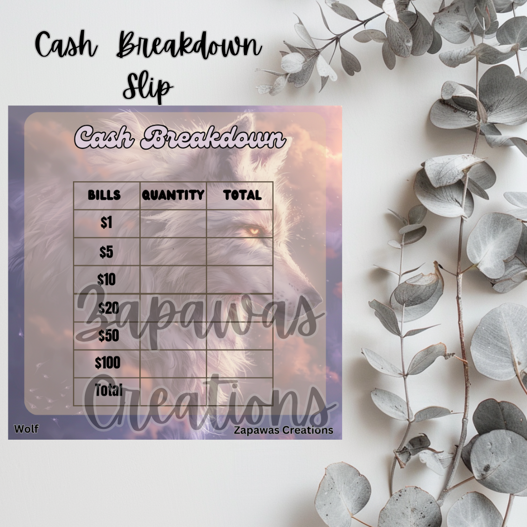 Cash Breakdown Teller Slip | Wolf Theme Digital Download | Cash Budget Slips | Set of 6