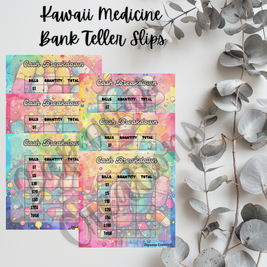 Kawaii Medicine Cash Breakdown Teller Slip | Digital Download | Cash Budget Slips | Set of 6