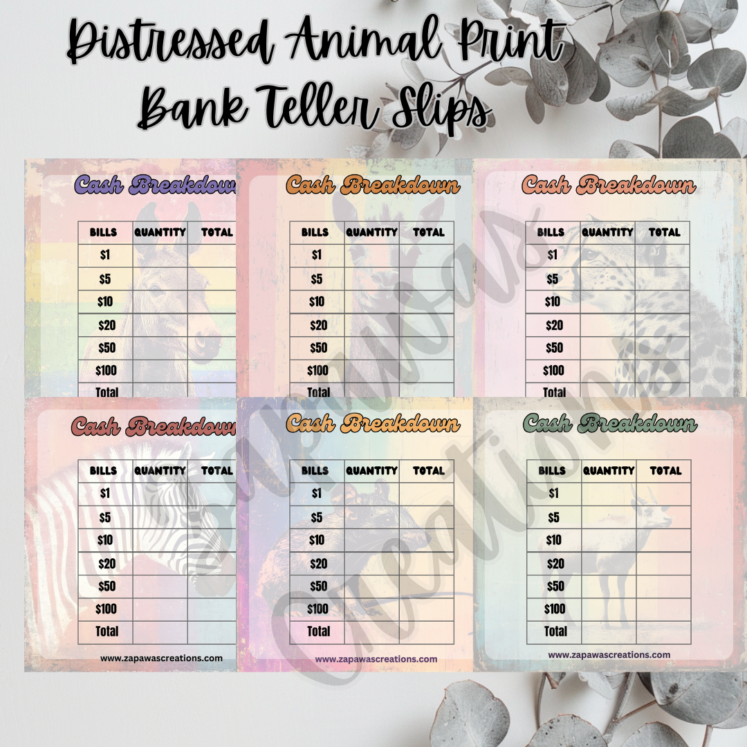 Distressed Animal Print Cash Breakdown Teller Slip | Digital Download | Cash Budget Slips | Set of 6