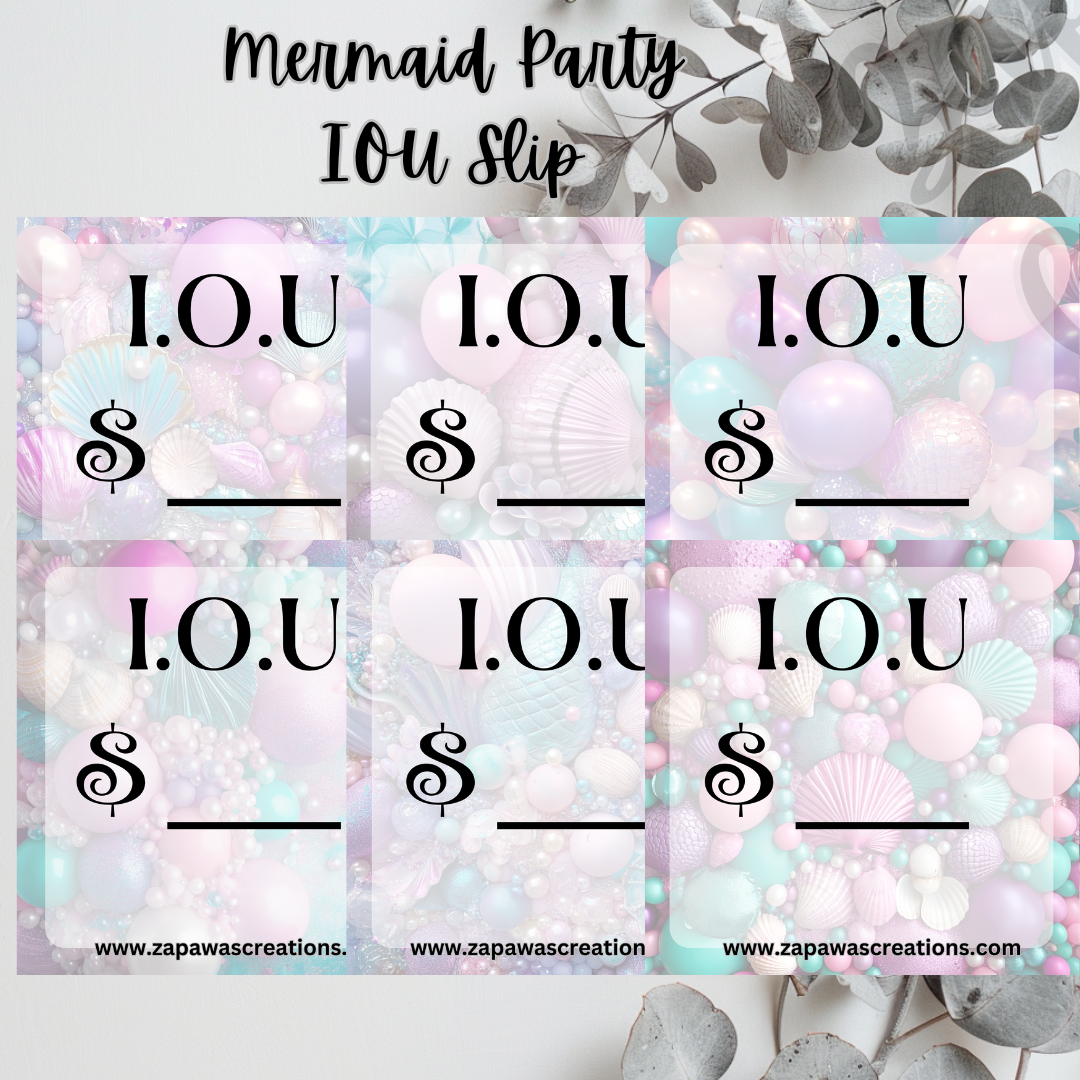 Mermaid Party I.O.U Budgeting Slip | Digital Download | Cash Budget Slips | Set of 6