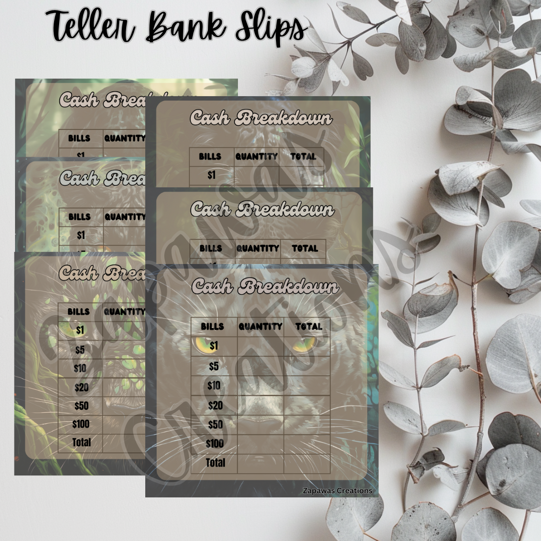 Cash Breakdown Teller Slip | Panther Theme Digital Download | Cash Budget Slips | Set of 6