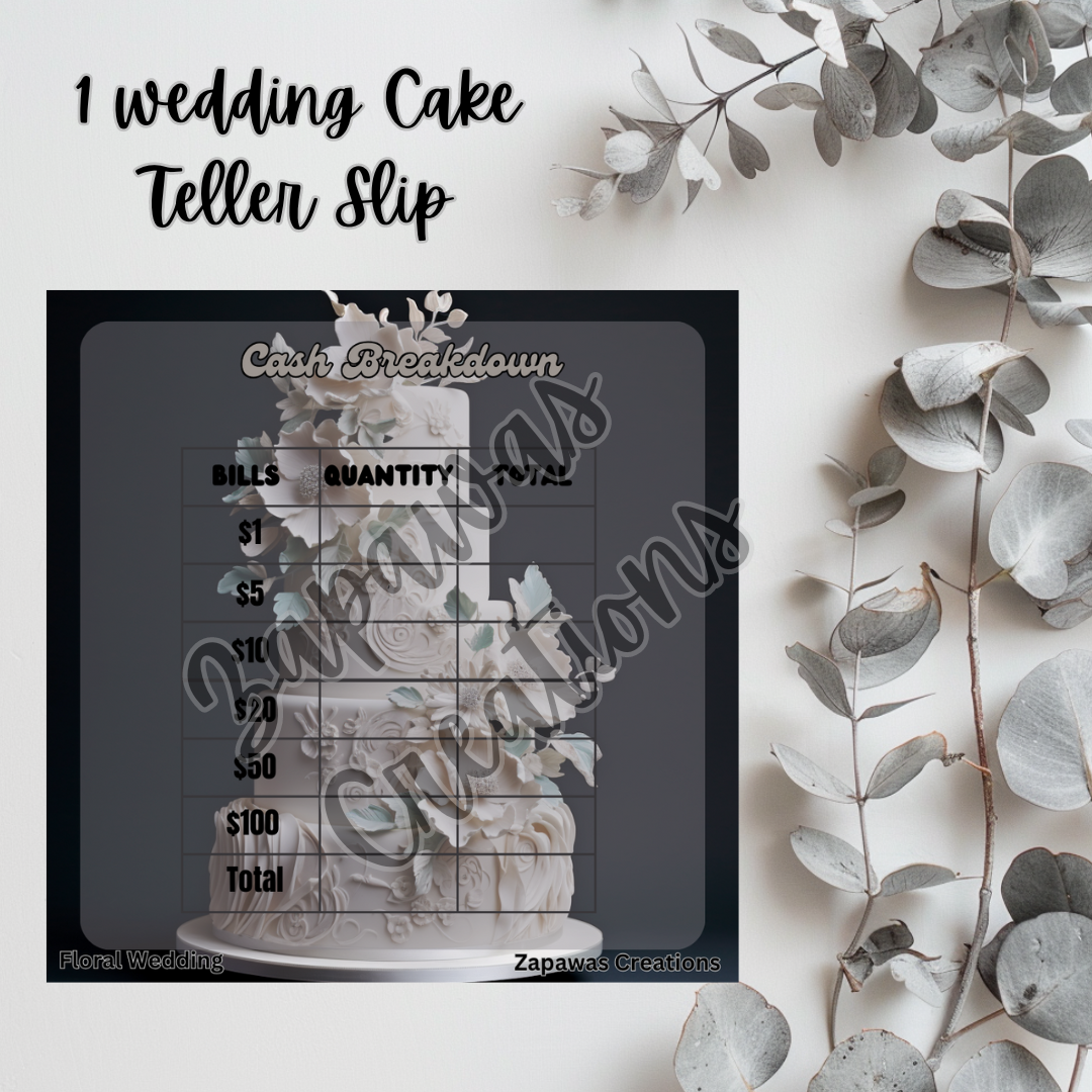 Wedding Cake Cash Breakdown Teller Slip | Digital Download | Cash Budget Slip