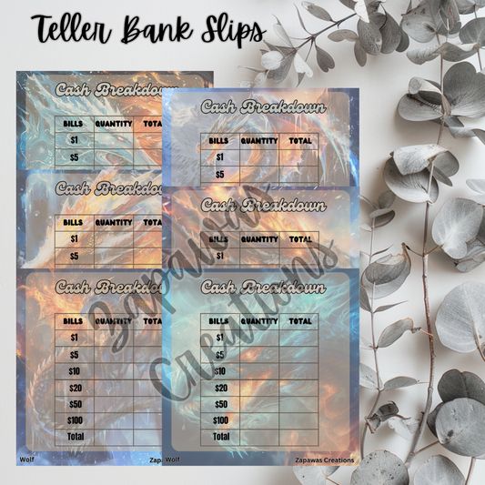 Cash Breakdown Teller Slip | Fire & Ice Dragon Theme Digital Download | Cash Budget Slips | Set of 6