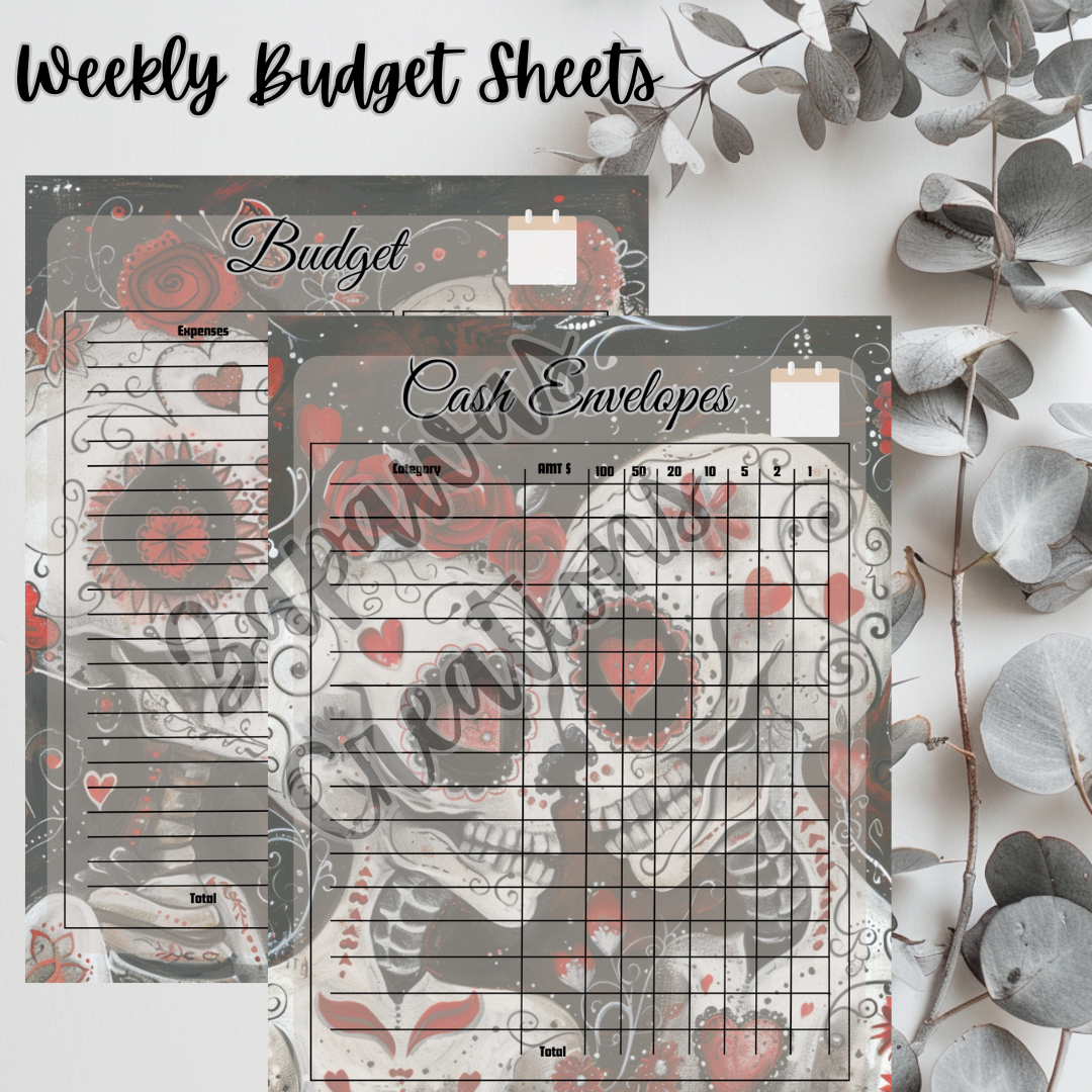 Weekly Budget Cash Saving PDF Bundle | Sugar Skull Love Theme | Digital Download | Tracker | Printable