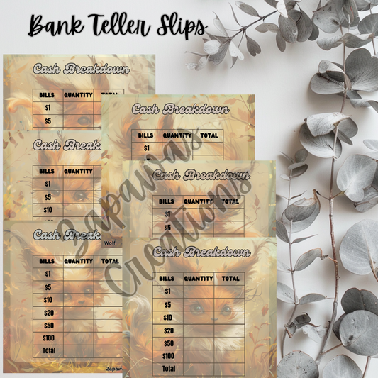 Cash Breakdown Teller Slip | Woodland Creature Theme Digital Download | Cash Budget Slips | Set of 6