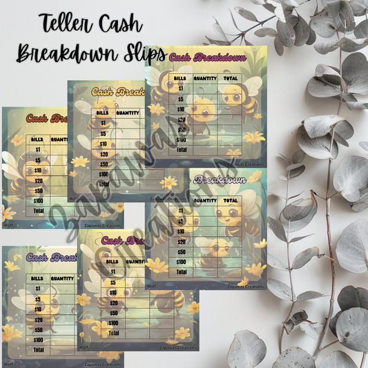 Cash Breakdown Teller Slip | Bumble Bee Theme Digital Download | Cash Budget Slips | Set of 6