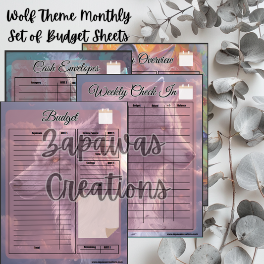 Monthly Budget Cash Saving PDF Bundle |Wolf Theme | Digital Download | Tracker | Printable