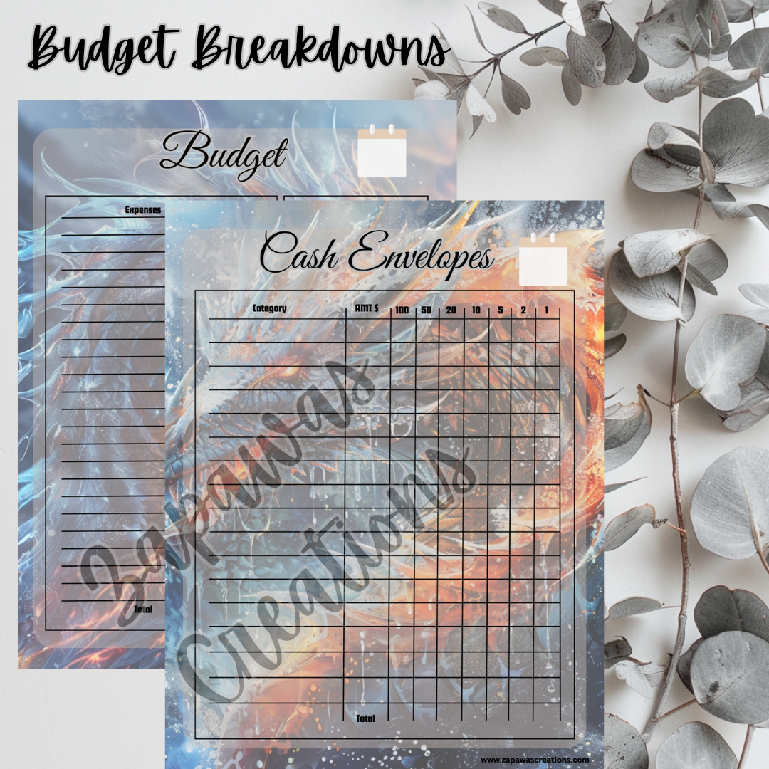 Weekly Budget Cash Saving PDF Bundle | Fire & Ice Dragon Theme | Digital Download | Tracker | Printable