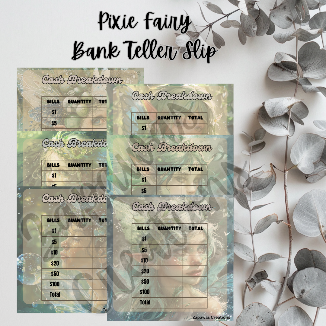 Cash Breakdown Teller Slip | Pixie Fairy Theme Digital Download | Cash Budget Slips | Set of 6