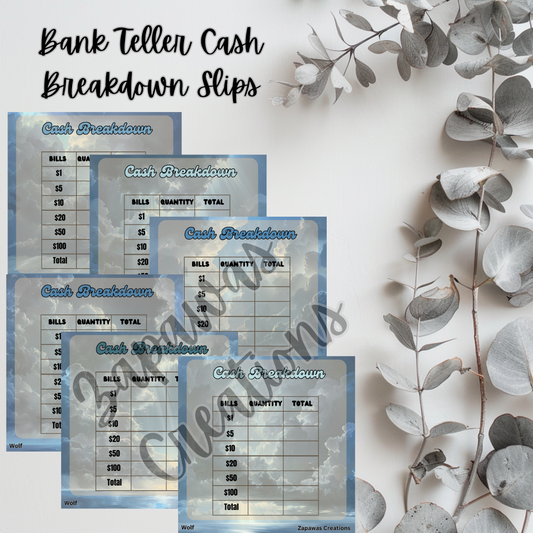 Cash Breakdown Teller Slip | Rain Cloud Theme Digital Download | Cash Budget Slips | Set of 6