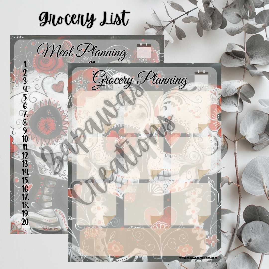 Grocery Worksheet PDF Bundle |Sugar Skull Love Themed | Digital Download | Tracker | Printable