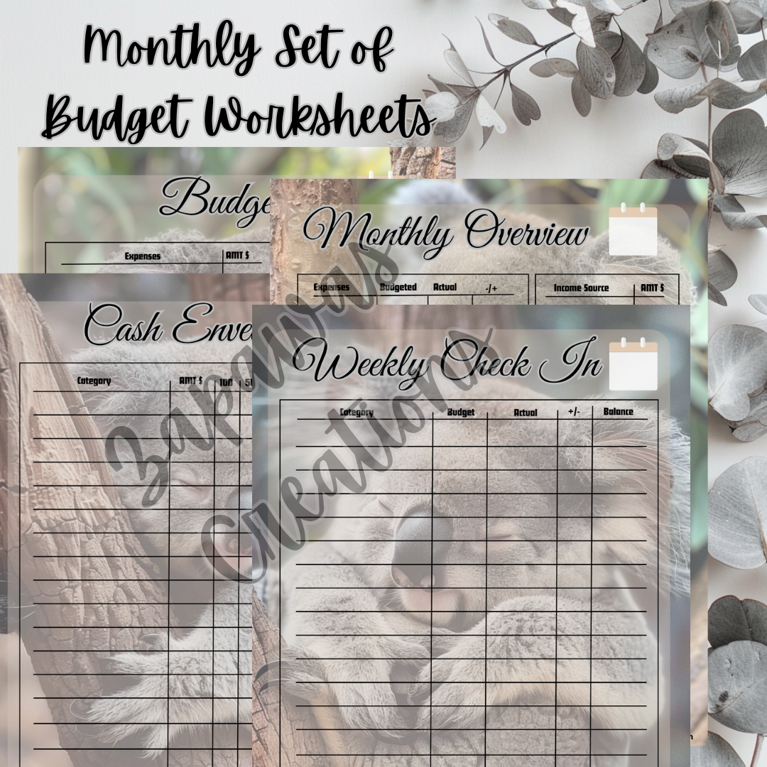 Monthly Budget Cash Saving PDF Bundle |Koala Theme | Digital Download | Tracker | Printable